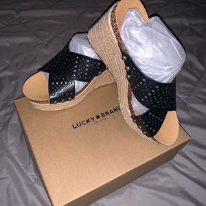 Lucky Brand Black and Tan wedge sandals